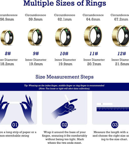 Smart Ring Health Tracker, Sleep Tracker Ring with Heart Rate, Waterproof Fitness Ring for Activity Monitoring/Steps/Distance/Calories,Air Gestures,Up to 7-Day Battery,For Ios Android (Light Gold,#12)
